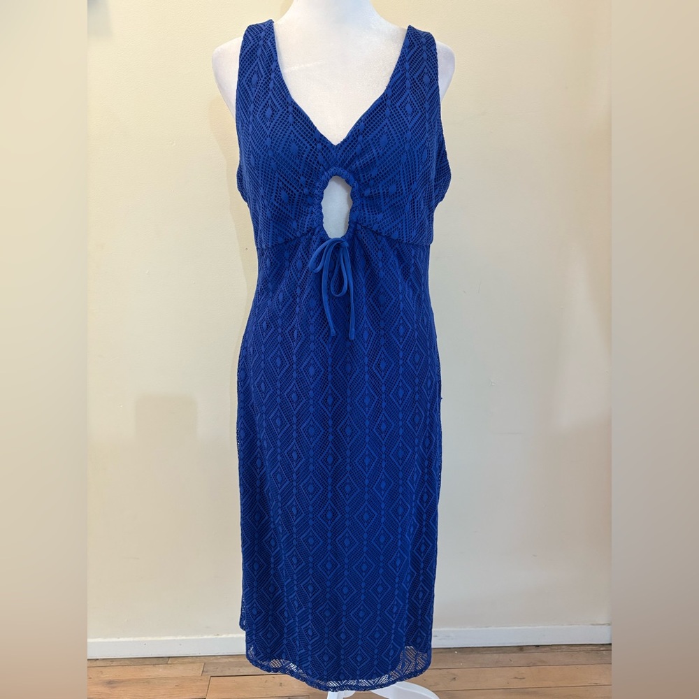 New Guess Blue Geometric Lace Sheath Midi Dress Size 14 - Picture 5 of 17